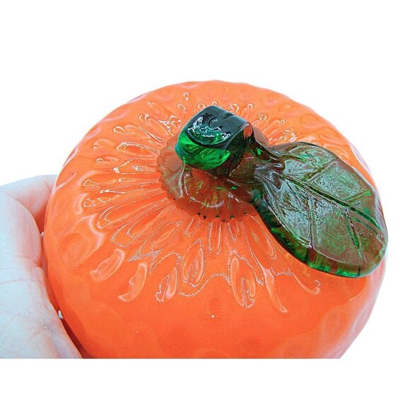 Vintage Murano Glass Orange Fruit Decor Stem Leaf Dimples Bright Orange 3x3" - Picture 6 of 12